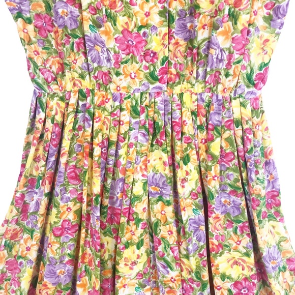 VINTAGE 80s 90s Bold Yellow Pink Floral Brushstroke Art Print Silk Pleated Mini - Picture 8 of 9